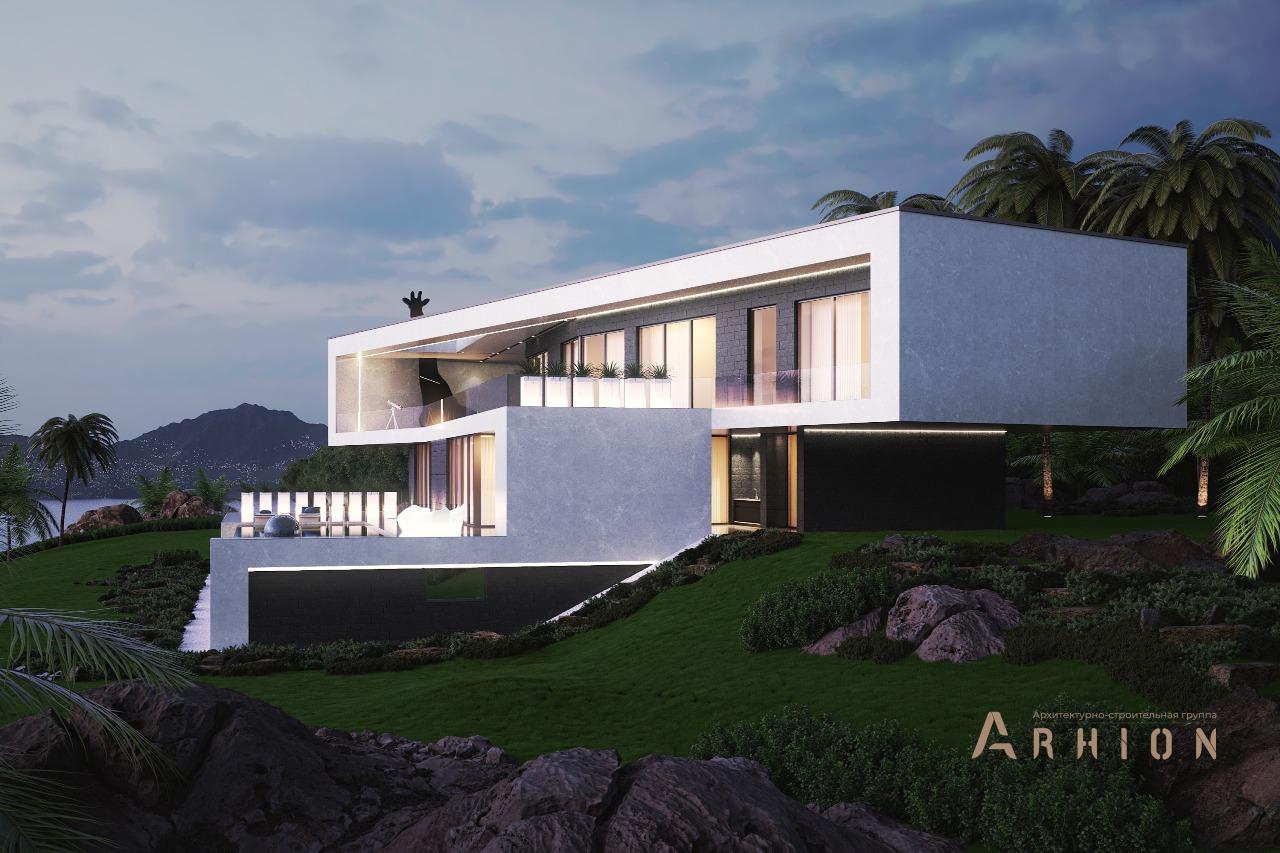 4. Проект двухэтажного дома в стиле минимализм с плоской кровлей , m-386, площадью - 679 кв c цокольным этажом, сауной, терассой, балконом, гаражом, бассейном, вторым светом